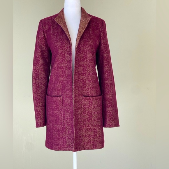 Chico’s Shine Purple and Gold Long Sleeve Long Open Jacket with Front Pockets - Picture 2 of 8